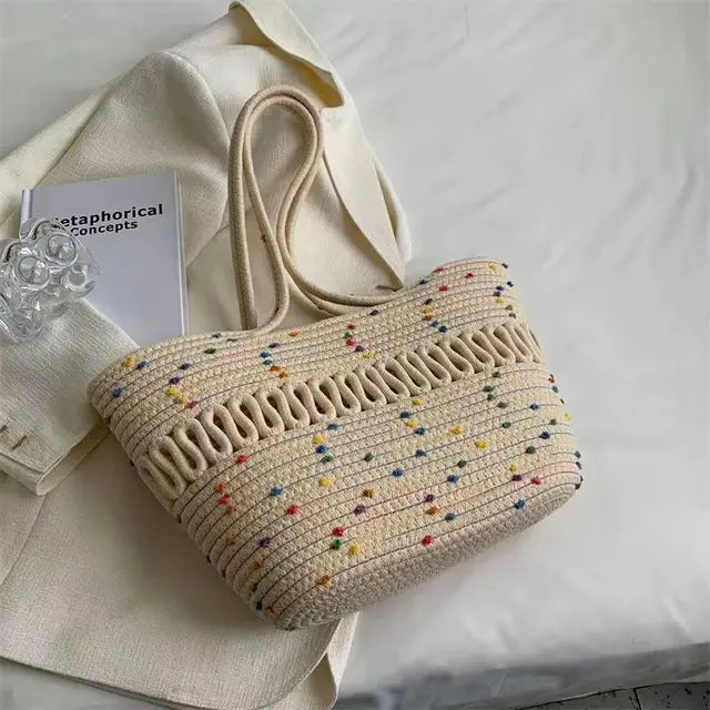 Damen Schultertasche mit großer Kapazität aus handgefertigtem Strickmaterial und Stroh