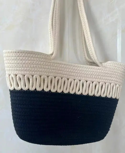 Damen Schultertasche mit großer Kapazität aus handgefertigtem Strickmaterial und Stroh