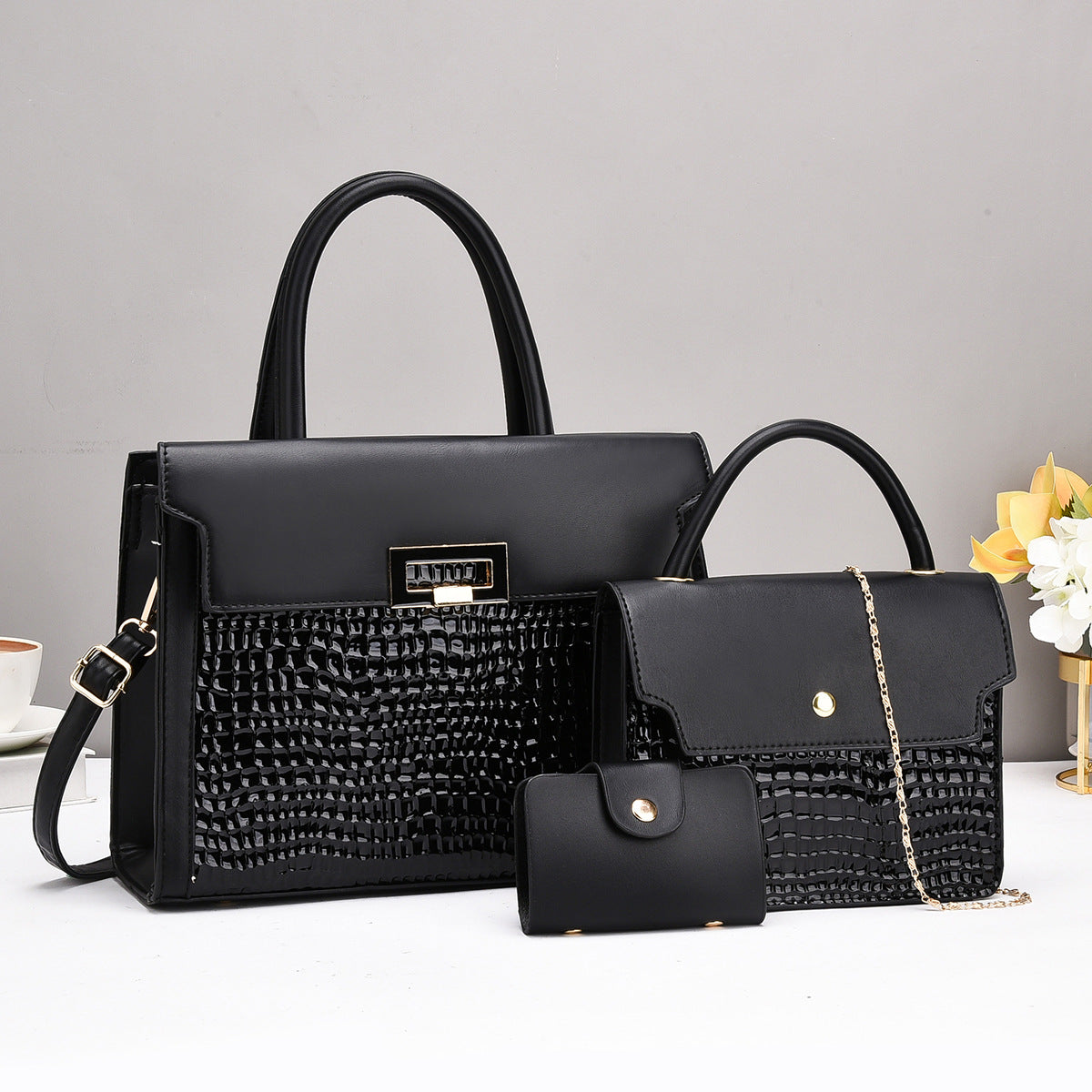 Damentaschen-Set mit luxuriösem Krokodilleder-Look und abnehmbarer Clutch