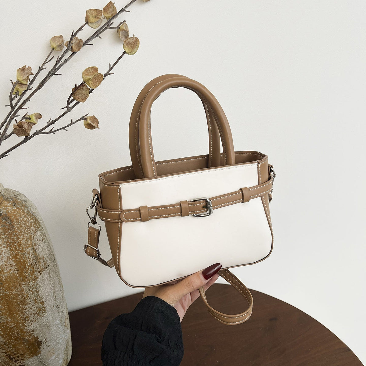 Damen elegante Mini-Handtasche mit doppeltem Tragegriff und abnehmbarem Schulterchain