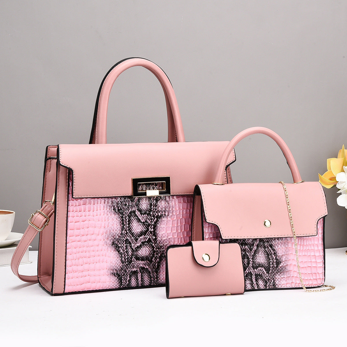 Damentaschen-Set mit luxuriösem Krokodilleder-Look und abnehmbarer Clutch