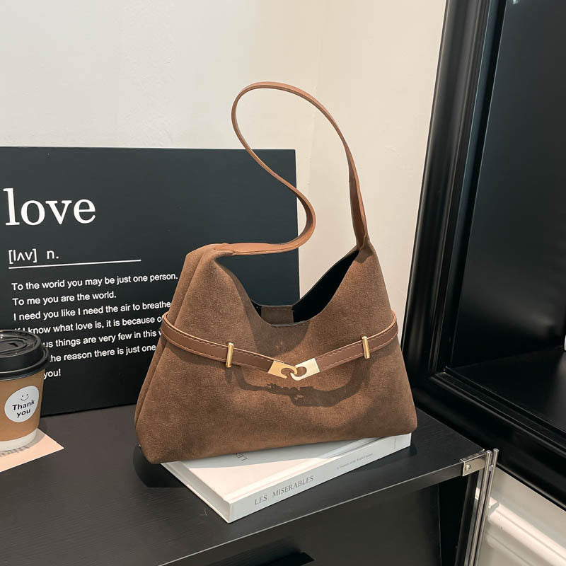 Damen modische Wildleder-Schultertasche mit kontrastierendem Gurt