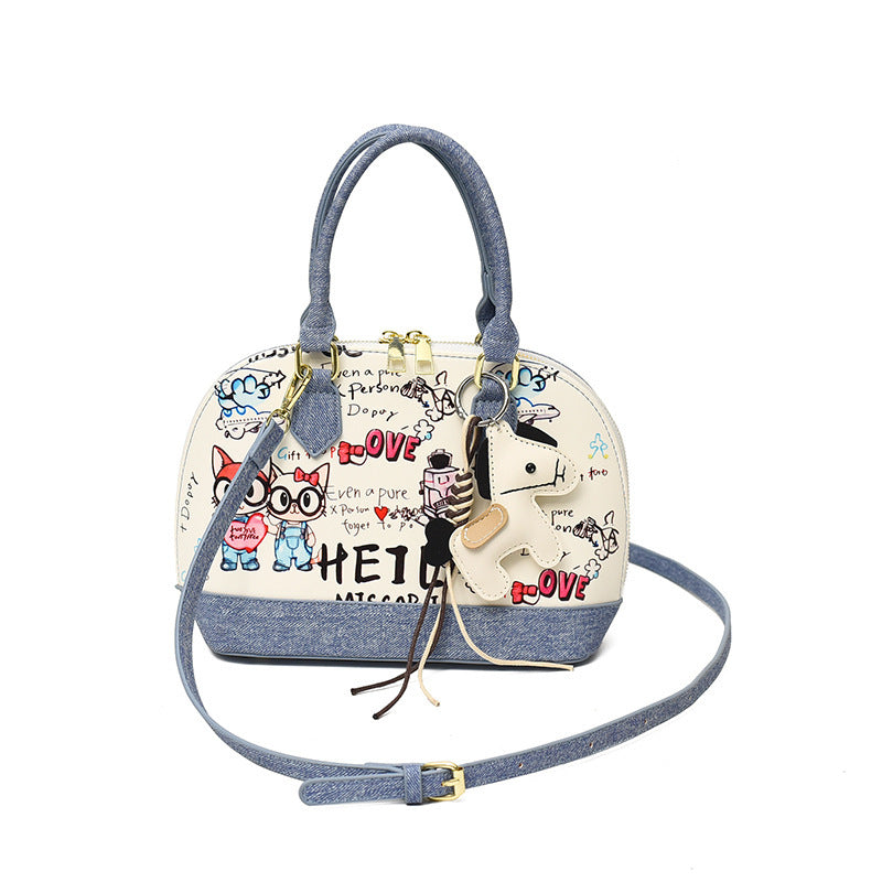 Damen Mini-Handtasche mit Tieranhänger und modischem Denim