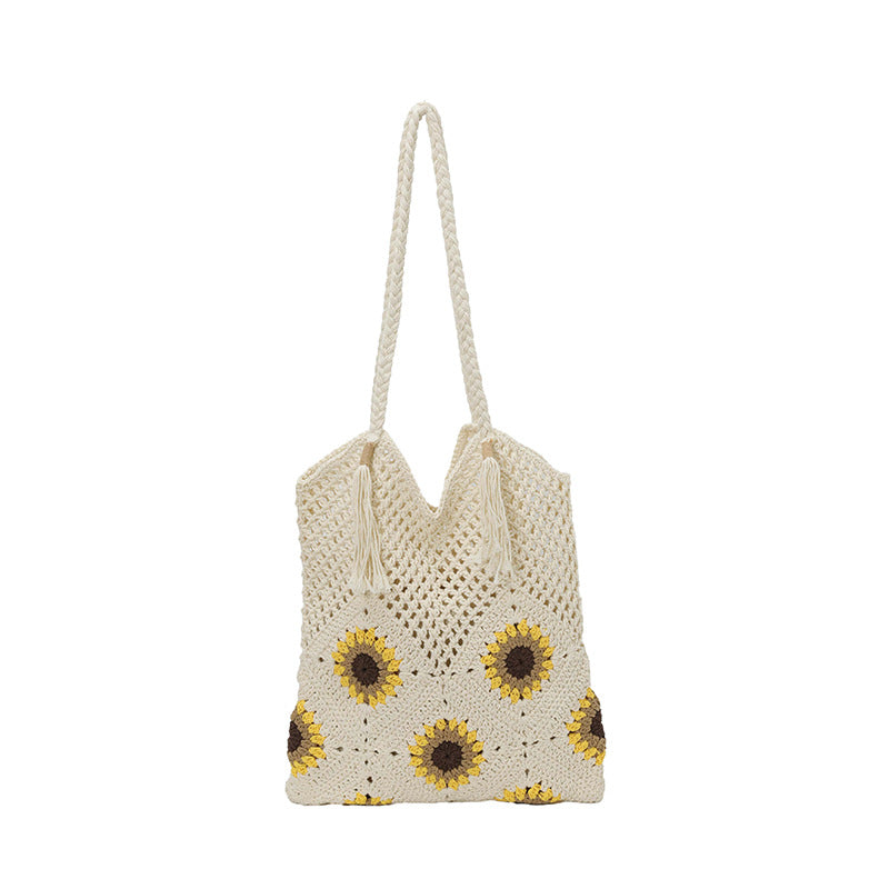 Damen gehäkelte Schultertasche mit verspielten Sonnenblumenapplikationen