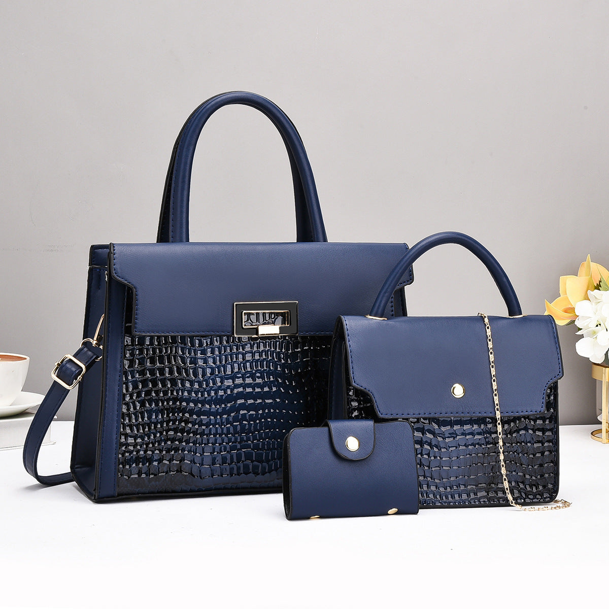 Damentaschen-Set mit luxuriösem Krokodilleder-Look und abnehmbarer Clutch