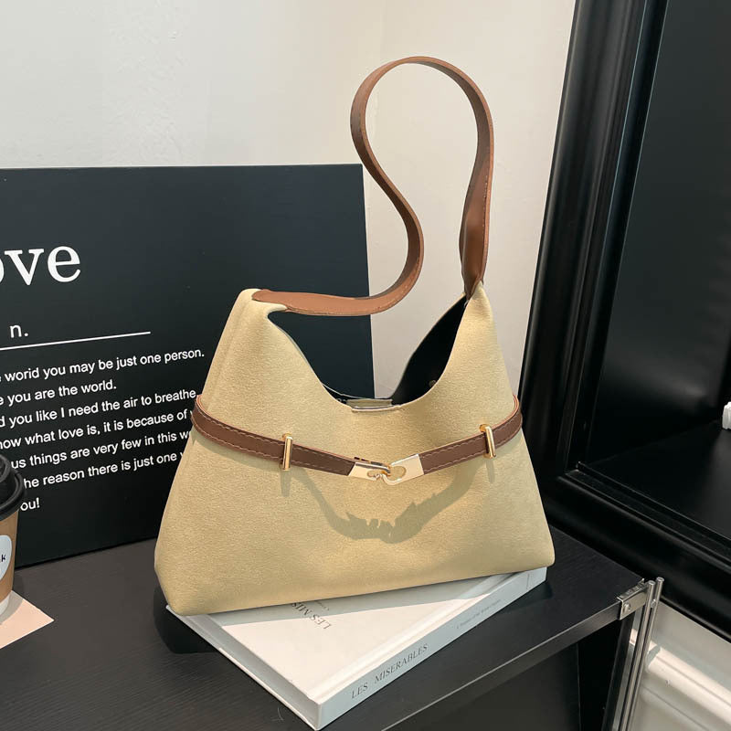 Damen modische Wildleder-Schultertasche mit kontrastierendem Gurt